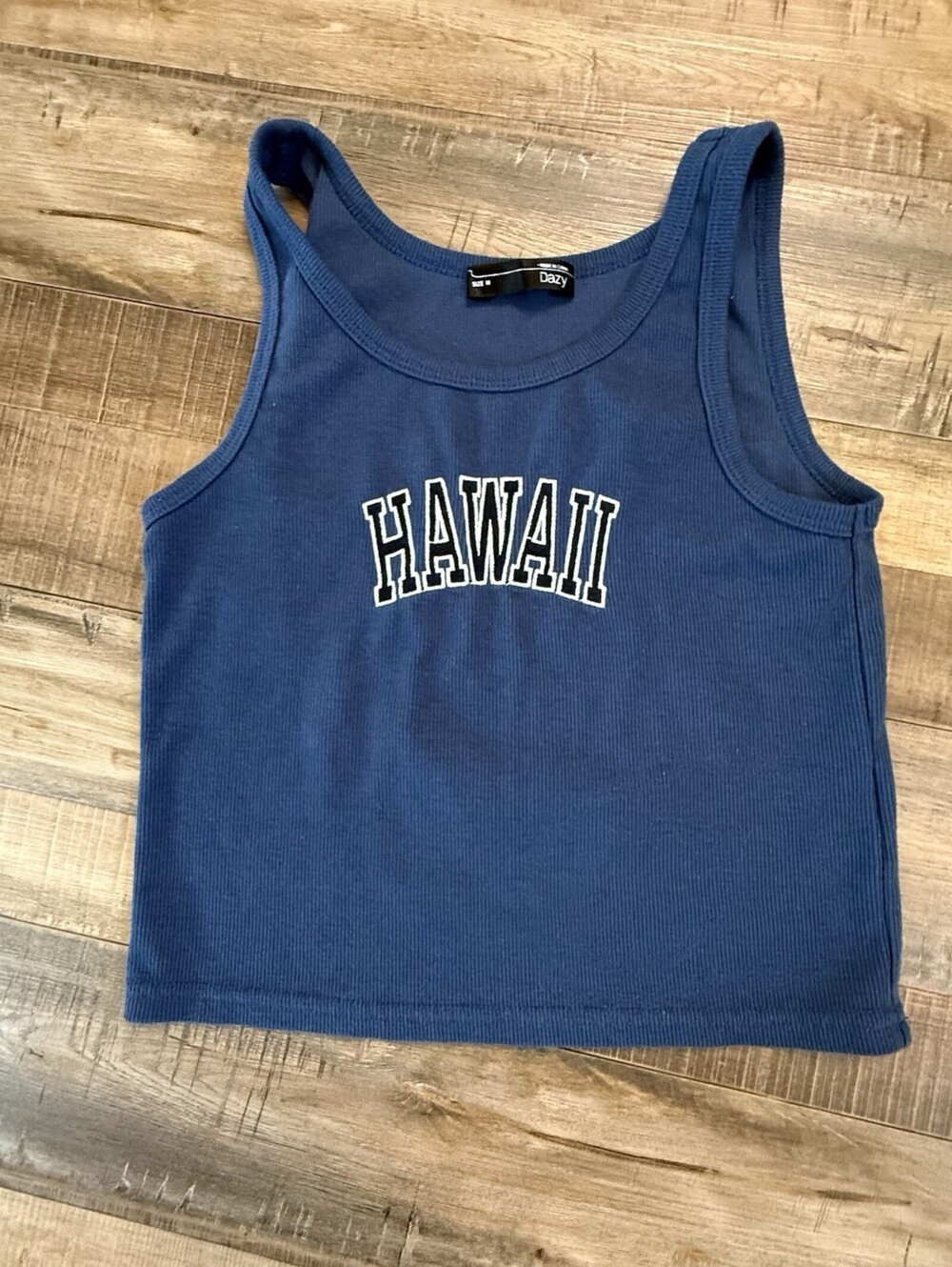 Dazy Cropped Hawaii Tank Top Size Medium Blue Polyester/Viscose Blend Ribbed
